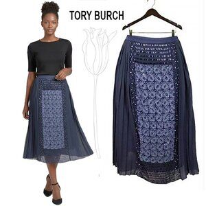 Tory Burch Black Pleated Sequins Embellished Front Holiday Christmas Party Skirt